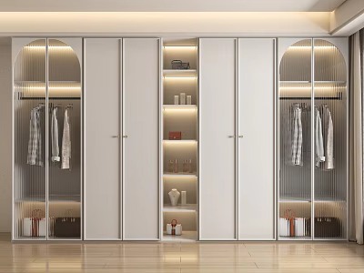 Modern Minimalist Wardrobe with Glass Doors Hanging Area Shelves and Interior Lighting 3d model