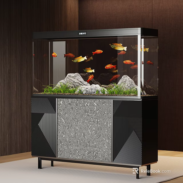 Modern Aquarium with Colorful Fish Aquatic Plants and Rocks on Stylish Geometric Pattern Stand 3d model 