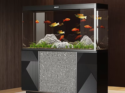 Modern Aquarium with Colorful Fish Aquatic Plants and Rocks on Stylish Geometric Pattern Stand 3d model