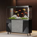 Modern Aquarium with Colorful Fish Aquatic Plants and Rocks on Stylish Geometric Pattern Stand