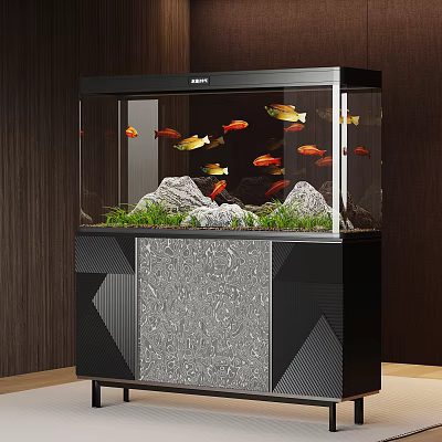 Modern Aquarium with Colorful Fish Aquatic Plants and Rocks on Stylish Geometric Pattern Stand 3d model