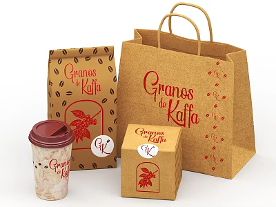 Granos de Kaffa Coffee Beverage With Paper Bag Cup And Box Packaging 3d model
