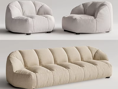 Modern Beige Sofa Set With Plush Linen Upholstery And Curved Armrest Design 3d model