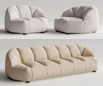 Modern Beige Sofa Set With Plush Linen Upholstery And Curved Armrest Design 3d model