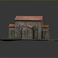 Ancient Stone Building Model With Red Tiled Roof And Arched Windows On Green Grass Base