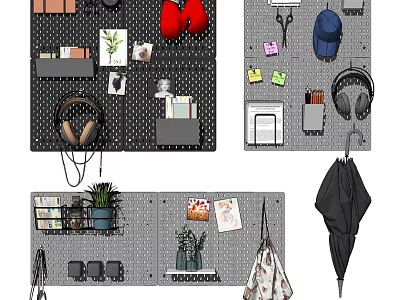 Organizational Wall Decor with Hooks Storage Pockets Potted Plant Headphones Cap and Bag 3d model