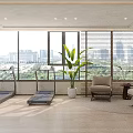 Bright Modern Home Gym Space With Treadmills Green Plant And City View Seating
