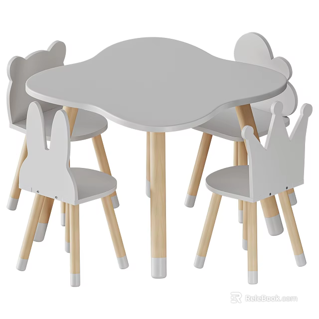 Petal Shaped Light Gray Kids Table with Wooden Legs and Matching Animal Backrest Chairs 3d model 