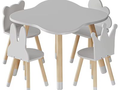 Petal Shaped Light Gray Kids Table with Wooden Legs and Matching Animal Backrest Chairs 3d model