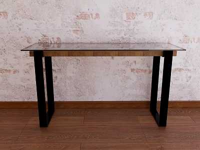 Modern Console Table with Glass Top Wooden Frame and Black Metal Legs in Brick Wall Setting 3d model