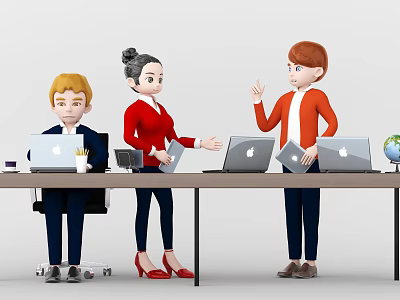 Game and Movie Characters in Office Scene Sitting Standing Using Laptops Holding Folders with Globe 3d model