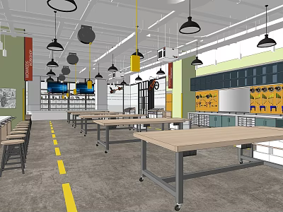 School Training Room With Green Walls Long Tables Chairs Hanging Lights And Yellow Warning Lines 3d model