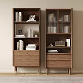 Two Modern Wooden Bookcases With Shelves And Drawers Holding Books Decorative Items And Radio
