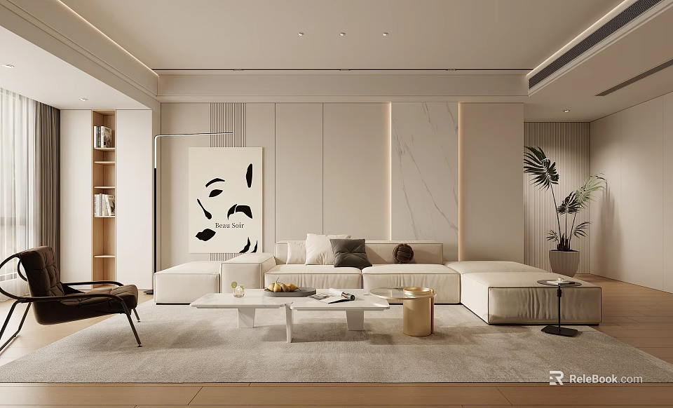 Modern Minimalist Living Room Interior With Beige Sofa Throw Pillows Decorative Painting And Potted Plant 3d model 