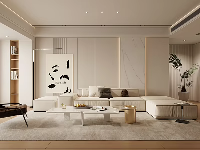 Modern Minimalist Living Room Interior With Beige Sofa Throw Pillows Decorative Painting And Potted Plant 3d model