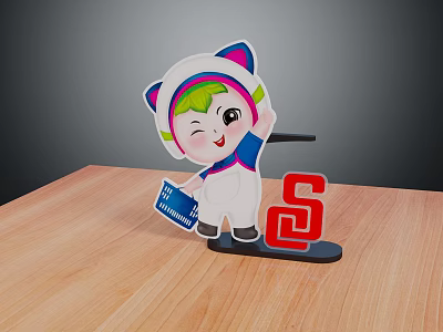 Cartoon Character With Cat Ears Green Hair Holding Blue Card Red Symbol On Wooden Table 3d model