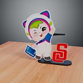 Cartoon Character With Cat Ears Green Hair Holding Blue Card Red Symbol On Wooden Table