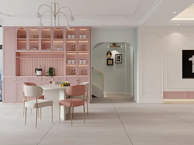 Pink and White Dining Living Room Interior With Chandelier Table Chairs Open Shelves and Cabinets 3d model