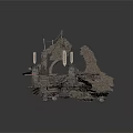 Ancient Stone Ruin Scene Structure With Ropes Wooden Platform And Metal Poles
