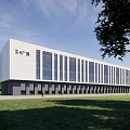 Modern Industrial Factory Building Featuring White Exterior Large Glass Windows Green Grass And Trees