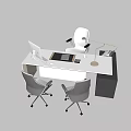 Modern Office Desk with Computer Monitor Desk Lamp and Three Office Chairs