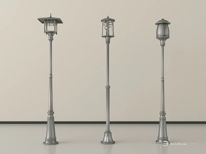 Three Classic Metal Outdoor Lamps With Decorative Light Poles And Lampshades 3d model 