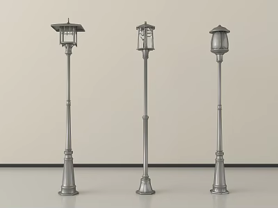 Three Classic Metal Outdoor Lamps With Decorative Light Poles And Lampshades 3d model
