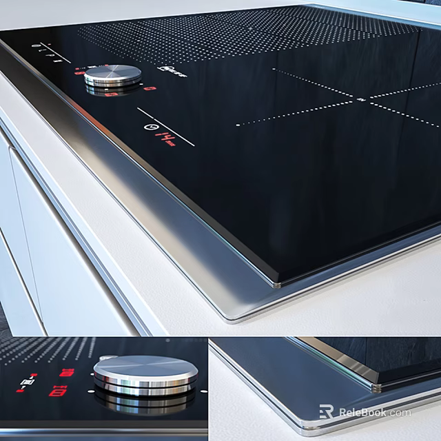 Modern Kitchen Electric Cooktop With Black Glass Surface Control Knobs And Stainless Steel Frame 3d model 