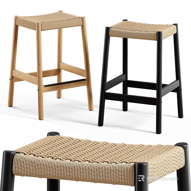 Modern Woven Seat Stools With Light Wood And Black Frame Design 3d model 