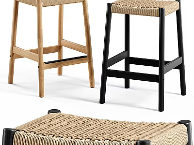 Modern Woven Seat Stools With Light Wood And Black Frame Design 3d model