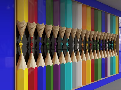 Colorful Pencil Shaped Decorative Background Wall With Pencil Tips And Silhouettes 3d model