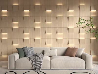 Wooden Geometric Background Wall With Recessed Lighting And Beige Sofa With Cushions And Green Plant 3d model