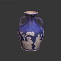Artistic Blue Vase Featuring Intricate White Sculpted Figures And Floral Carvings