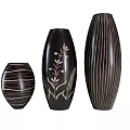 Three Ceramic Vases with Striped Gold Floral and Vertical Line Patterns