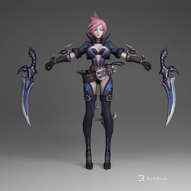 Game Movie Character With Pink Hair Black Blue Combat Outfit Dual Bladed Weapons In Pose 3d model 