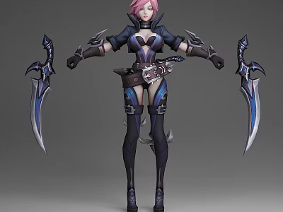 Game Movie Character With Pink Hair Black Blue Combat Outfit Dual Bladed Weapons In Pose 3d model