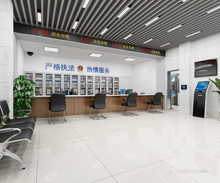 Modern Reception Desk Interior With Counter Chairs Green Plants And 3d model 