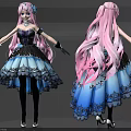 Game And Movie Character With Long Pink Hair Black And Blue Dress Lace Details