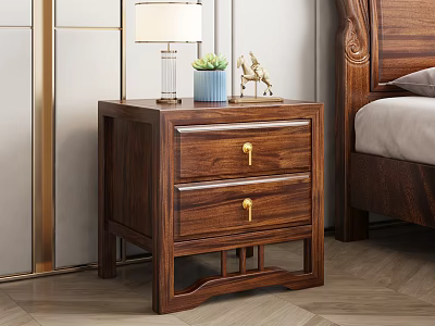 Wooden Nightstand With Drawers Golden Handles Table Lamp Green Plant And Small Horse Beside Bed 3d model
