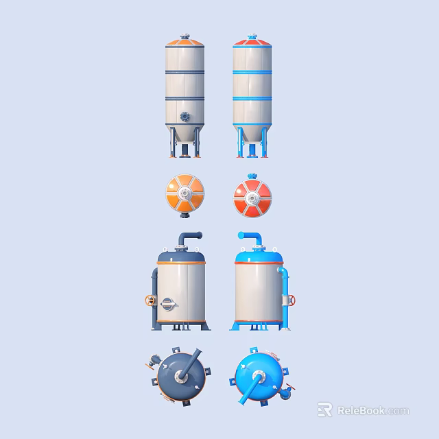 Industrial Equipment Storage Tanks with Different Colors Various Structures Pipes Valves and Supports 3d model 