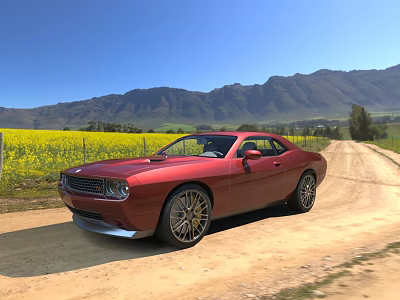 Red Sports Car Parked On Dirt Road With Yellow Flower Field And Mountain Range 3d model