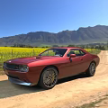 Red Sports Car Parked On Dirt Road With Yellow Flower Field And Mountain Range