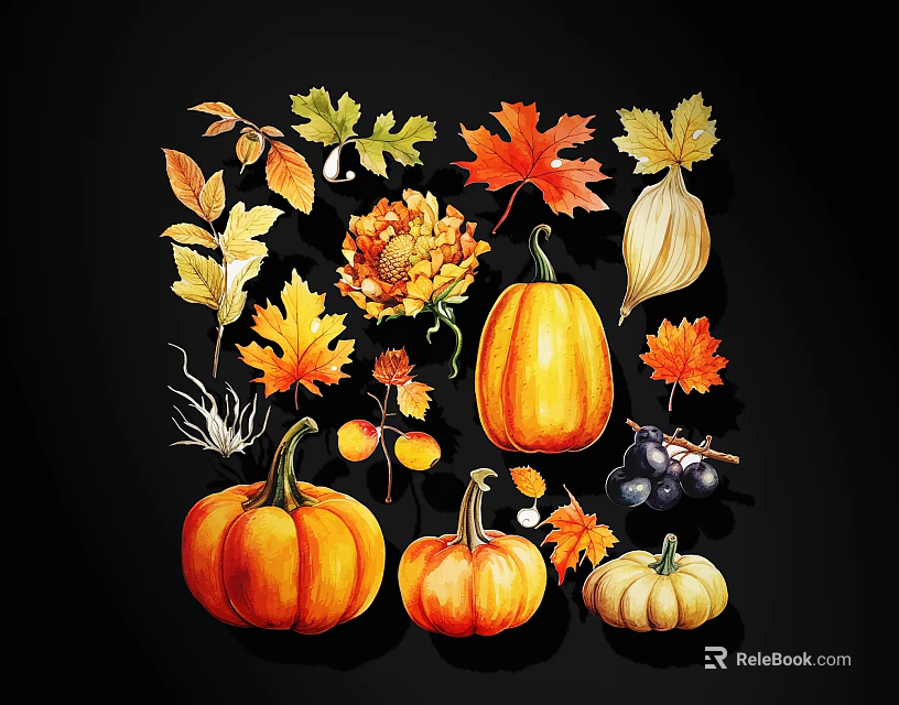 Autumn Watercolor Art Collection With Pumpkins Maple Leaves And Chrysanthemums 3d model 