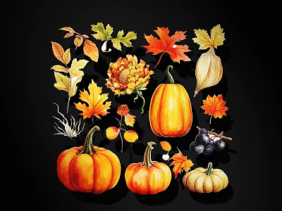 Autumn Watercolor Art Collection With Pumpkins Maple Leaves And Chrysanthemums 3d model