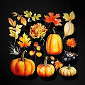 Autumn Watercolor Art Collection With Pumpkins Maple Leaves And Chrysanthemums