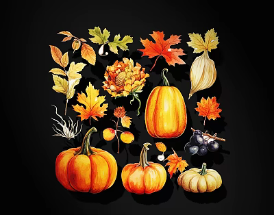 Autumn Watercolor Art Collection With Pumpkins Maple Leaves And Chrysanthemums 3d model