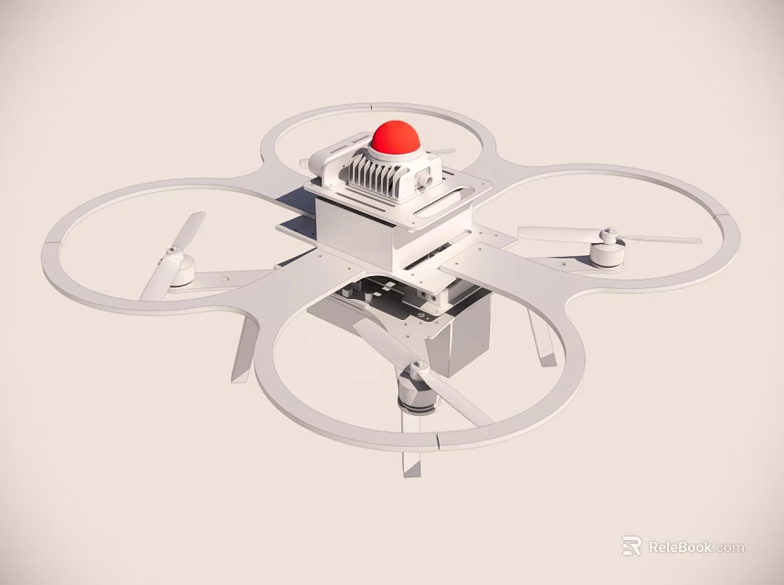 White Four Propeller Drone With Red Light And Central Body Structure 3d model