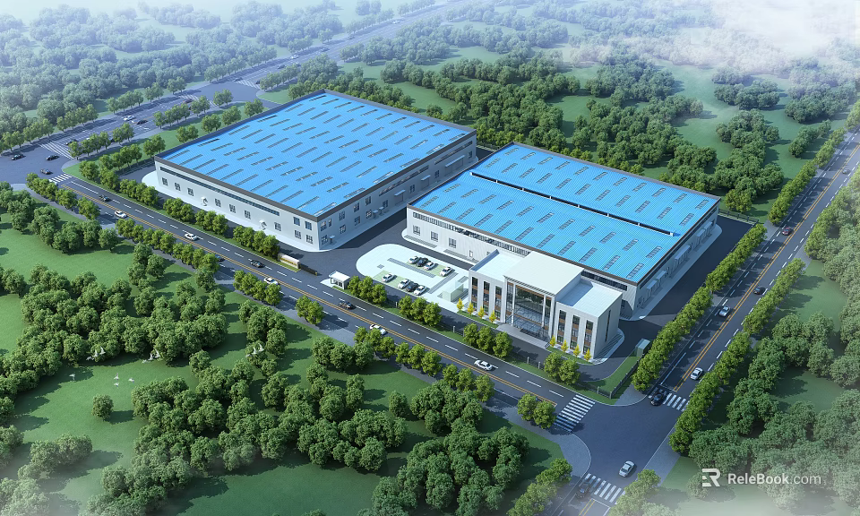 Modern Industrial Factory Building With Blue Roof Green Surroundings And Roads 3d model 