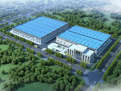 Modern Industrial Factory Building With Blue Roof Green Surroundings And Roads 3d model