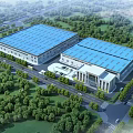 Modern Industrial Factory Building With Blue Roof Green Surroundings And Roads